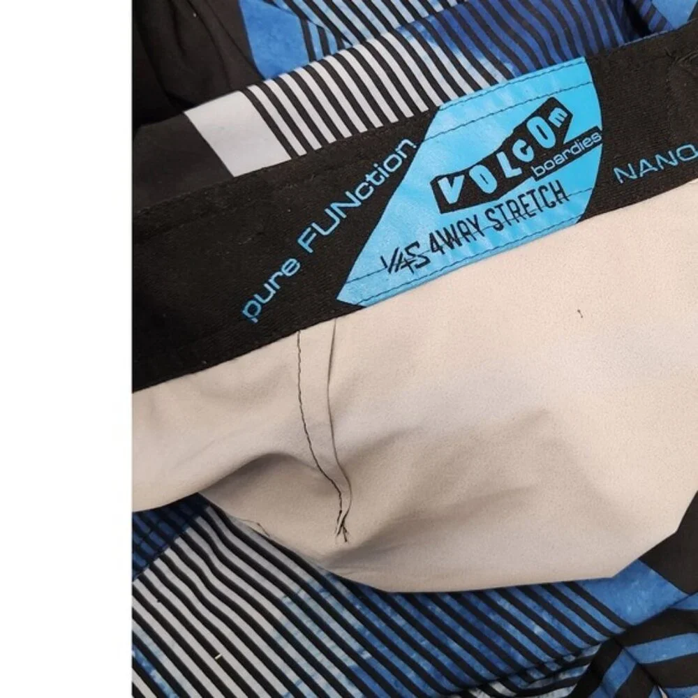 Volcom Boardies Swim‎ Trunks Shorts Black Blue Striped 4-Way Stretch V4S